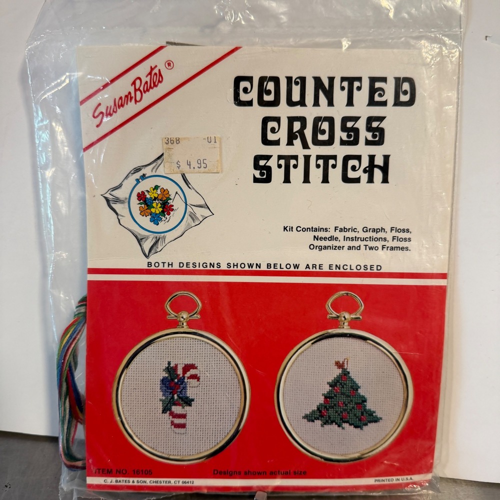 Susan Bates Cross Stitch Kit 16105 Christmas Tree Candy Cane Two Frames New‎ VTG